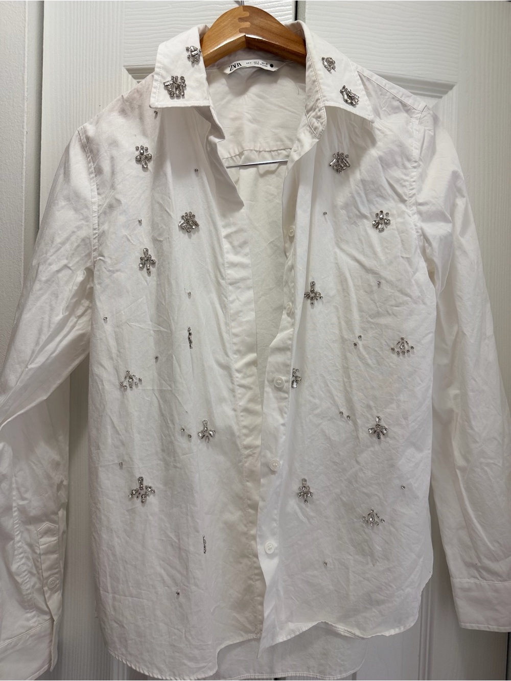 ZARA White Button-Down Shirt with Crystal Embellishments